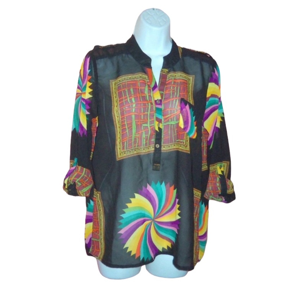 OPPA Sheer Artsy Sheer Roll Tab Sleeves Button Down Shirt - Medium